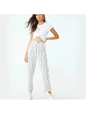 FOREVER 21 Striped Woven Long Pants Cream/Black Hem Front Slant Pockets Size L